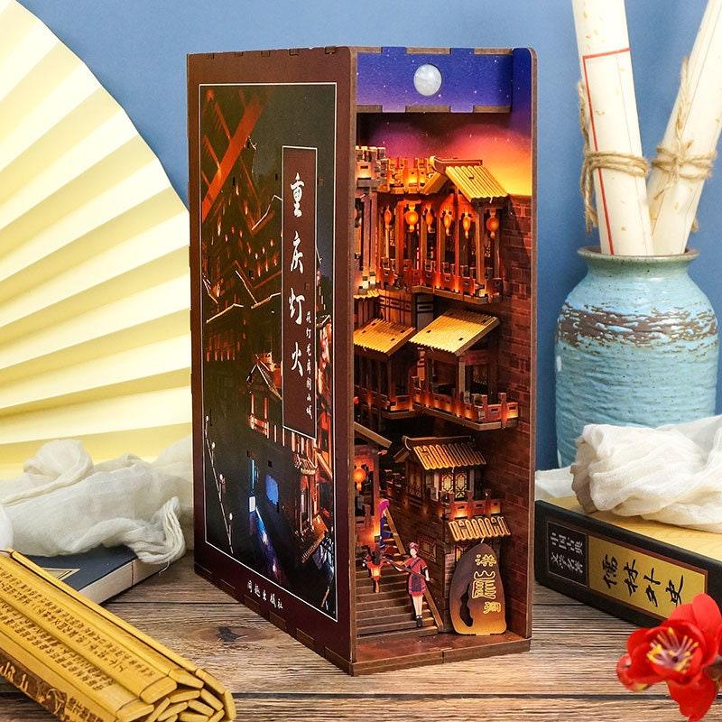 Chinese Alley Book Nook - Chongqing Town Book Nook - Ancient Capital Book Shelf Insert - Book Scenery - Bookcase with LED Model Building Kit