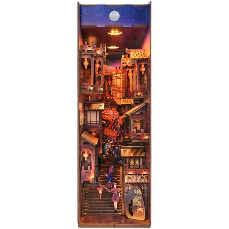 Chinese Alley Book Nook - Chongqing Town Book Nook - Ancient Capital Book Shelf Insert - Book Scenery - Bookcase with LED Model Building Kit