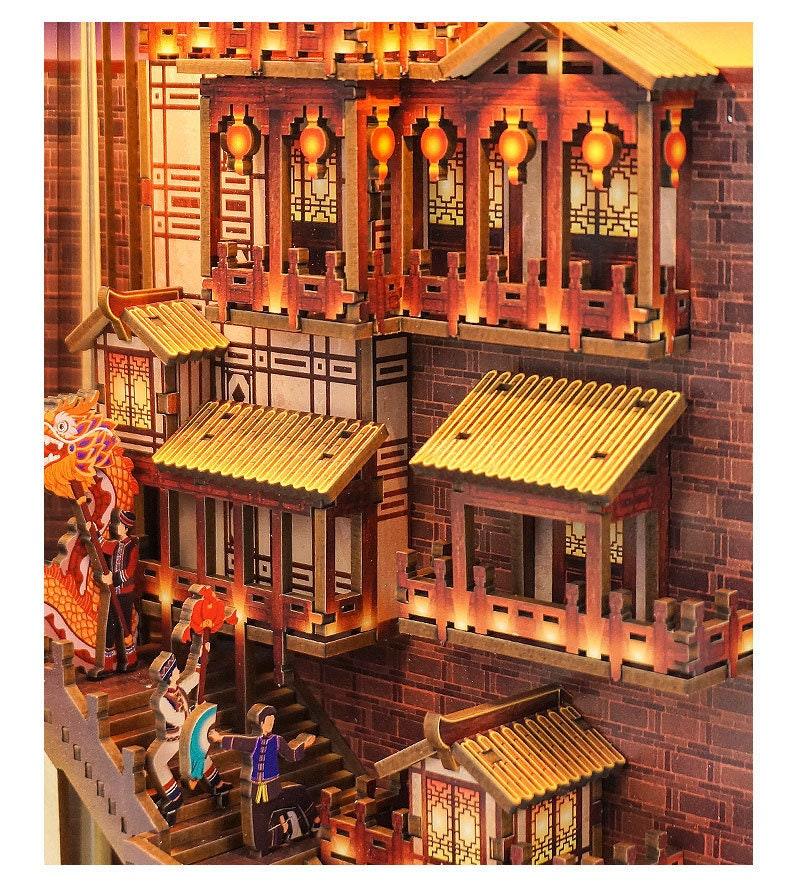 Chinese Alley Book Nook - Chongqing Town Book Nook - Ancient Capital Book Shelf Insert - Book Scenery - Bookcase with LED Model Building Kit