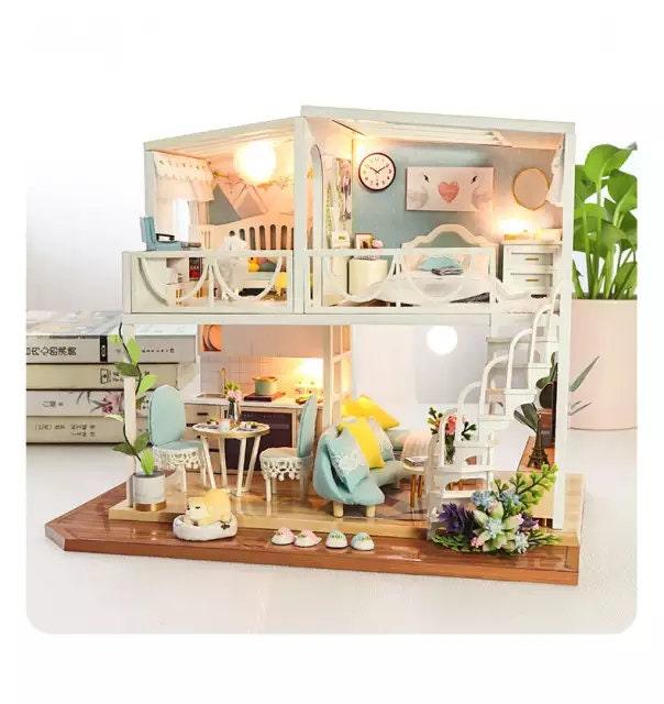 DIY Dollhouse Kit - Two Story Apartment Miniature With Furniture And Accessories Dollhouse Miniature - Wooden Dollhouse - Surprise Gifts