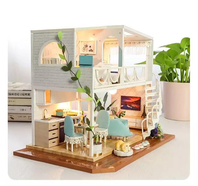 DIY Dollhouse Kit - Two Story Apartment Miniature With Furniture And Accessories Dollhouse Miniature - Wooden Dollhouse - Surprise Gifts