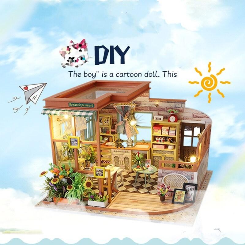 Romantic Password DIY Dollhouse Kit Miniature Cafe With Furniture European Miniature Dollhouse Kit With Dust Cover Bakery Shop Dollhouse