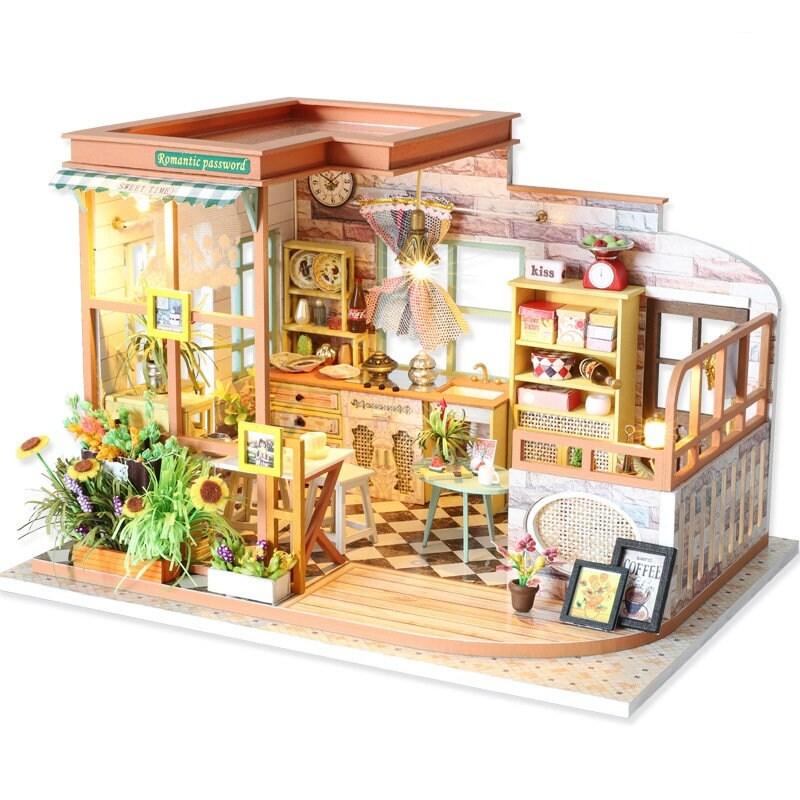 Romantic Password DIY Dollhouse Kit Miniature Cafe With Furniture European Miniature Dollhouse Kit With Dust Cover Bakery Shop Dollhouse