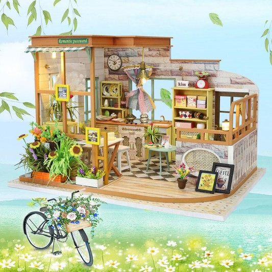 Romantic Password DIY Dollhouse Kit Miniature Cafe With Furniture European Miniature Dollhouse Kit With Dust Cover Bakery Shop Dollhouse