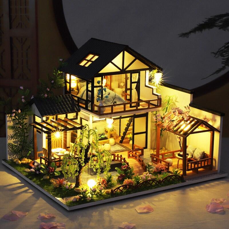 Japanese Style DIY Dollhouse Kit Miniature House With Water Garden Japanese Villa Style Miniature Dollhouse Kit