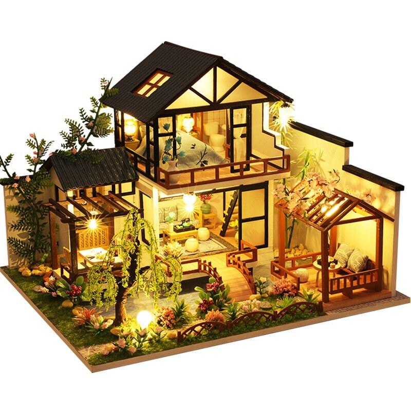 Japanese Style DIY Dollhouse Kit Miniature House With Water Garden Japanese Villa Style Miniature Dollhouse Kit