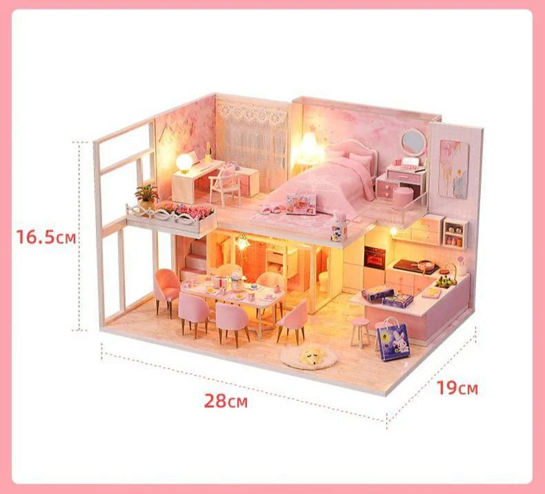 DIY Dollhouse Kit - Modern Living Pink Girl Bedroom Miniature Dollhouse Kit - Apartment Two Story Dollhouse - Duplex Dollhouse Miniature Kit