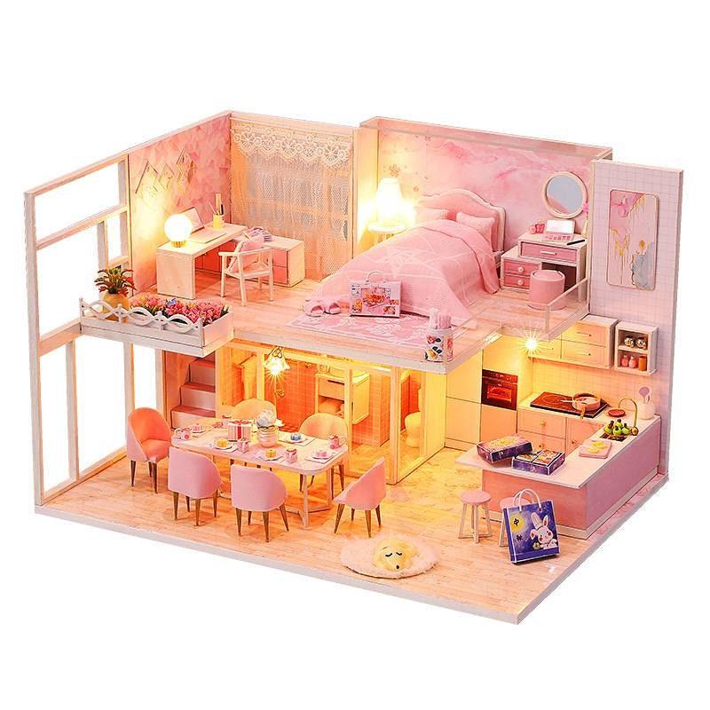 DIY Dollhouse Kit - Modern Living Pink Girl Bedroom Miniature Dollhouse Kit - Apartment Two Story Dollhouse - Duplex Dollhouse Miniature Kit