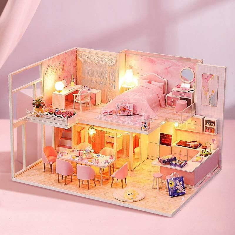 DIY Dollhouse Kit - Modern Living Pink Girl Bedroom Miniature Dollhouse Kit - Apartment Two Story Dollhouse - Duplex Dollhouse Miniature Kit