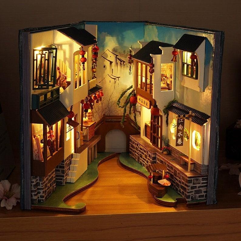 Jiangsu Watertown Book Nook - DIY Book Nook - Chinese Alley Book Scenery - Book Shelf Insert - Bookcase with Light Miniature Building Kit