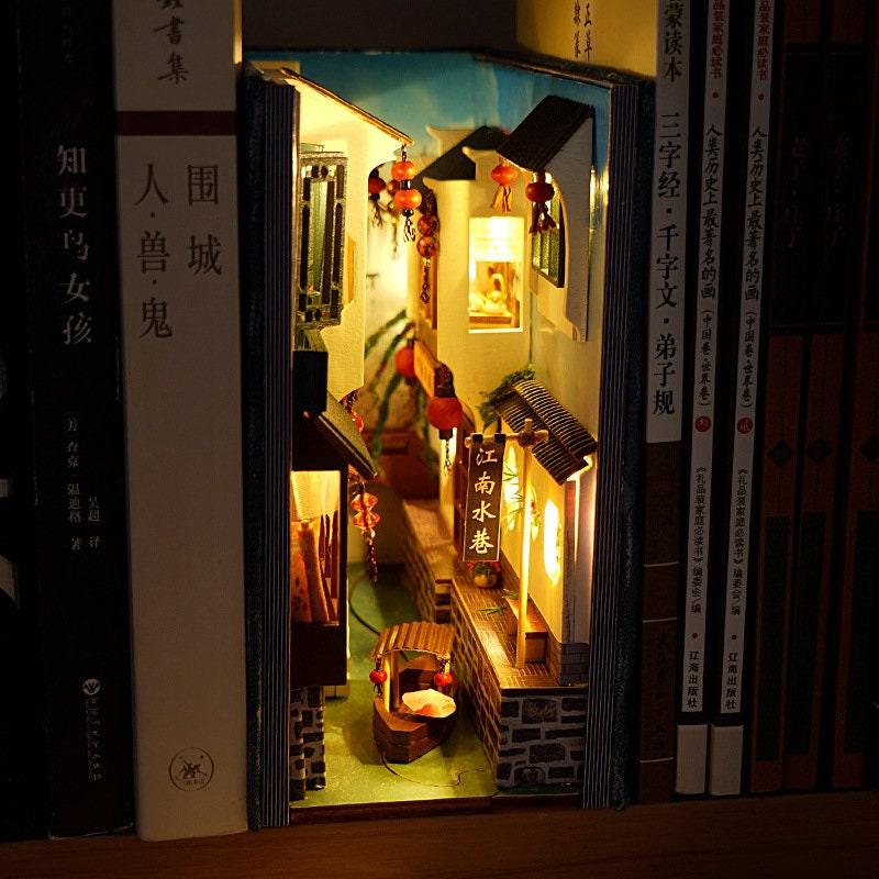 Jiangsu Watertown Book Nook - DIY Book Nook - Chinese Alley Book Scenery - Book Shelf Insert - Bookcase with Light Miniature Building Kit