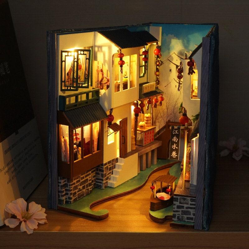 Jiangsu Watertown Book Nook - DIY Book Nook - Chinese Alley Book Scenery - Book Shelf Insert - Bookcase with Light Miniature Building Kit