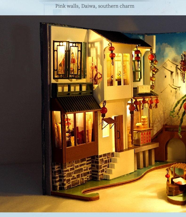 Jiangsu Watertown Book Nook - DIY Book Nook - Chinese Alley Book Scenery - Book Shelf Insert - Bookcase with Light Miniature Building Kit