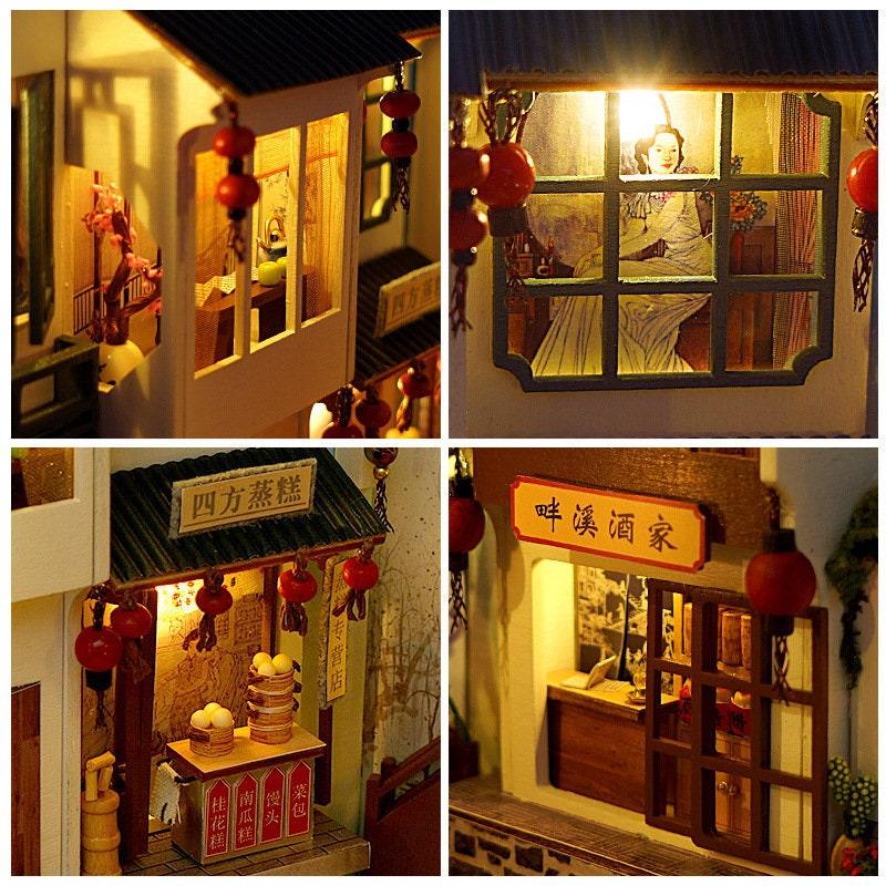 Jiangsu Watertown Book Nook - DIY Book Nook - Chinese Alley Book Scenery - Book Shelf Insert - Bookcase with Light Miniature Building Kit