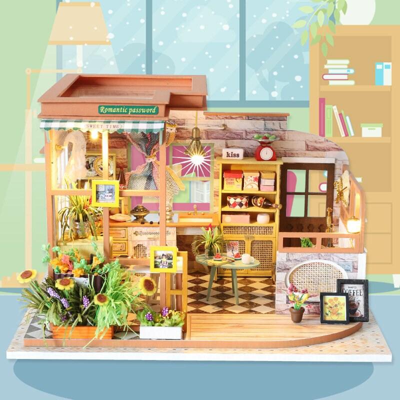 Romantic Password DIY Dollhouse Kit Miniature Cafe With Furniture European Miniature Dollhouse Kit With Dust Cover Bakery Shop Dollhouse