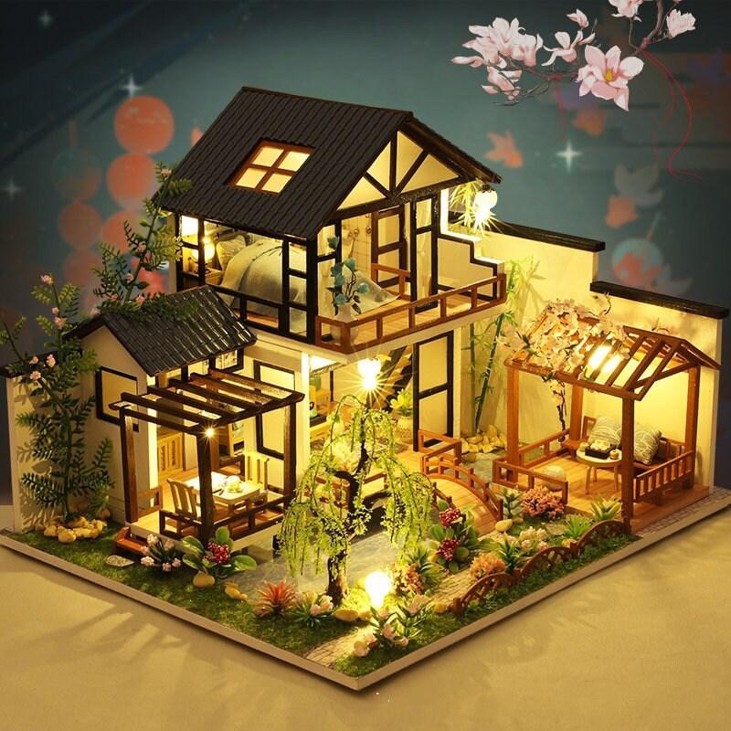 Japanese Style DIY Dollhouse Kit Miniature House With Water Garden Japanese Villa Style Miniature Dollhouse Kit