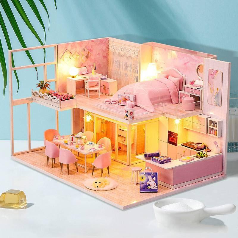 DIY Dollhouse Kit - Modern Living Pink Girl Bedroom Miniature Dollhouse Kit - Apartment Two Story Dollhouse - Duplex Dollhouse Miniature Kit