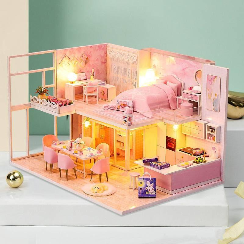 DIY Dollhouse Kit - Modern Living Pink Girl Bedroom Miniature Dollhouse Kit - Apartment Two Story Dollhouse - Duplex Dollhouse Miniature Kit