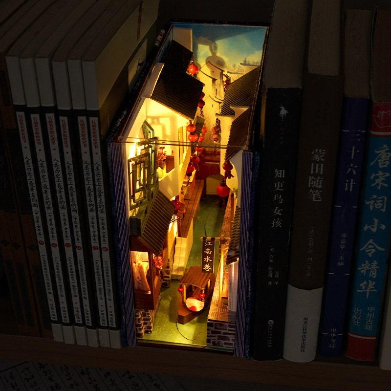 Jiangsu Watertown Book Nook - DIY Book Nook - Chinese Alley Book Scenery - Book Shelf Insert - Bookcase with Light Miniature Building Kit