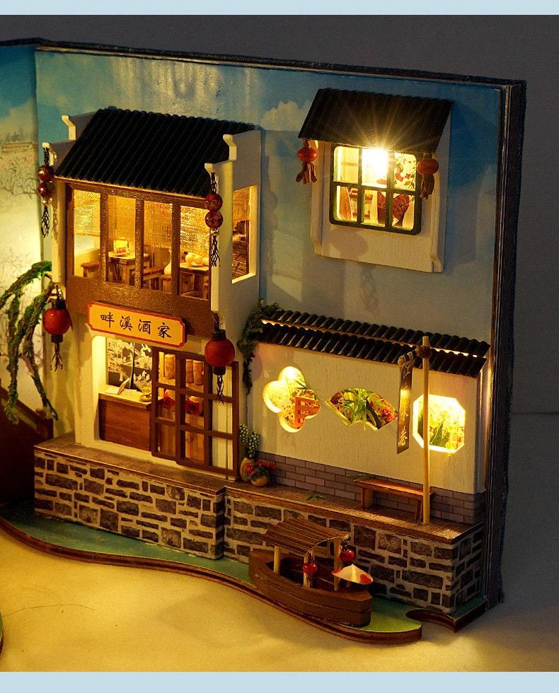 Jiangsu Watertown Book Nook - DIY Book Nook - Chinese Alley Book Scenery - Book Shelf Insert - Bookcase with Light Miniature Building Kit