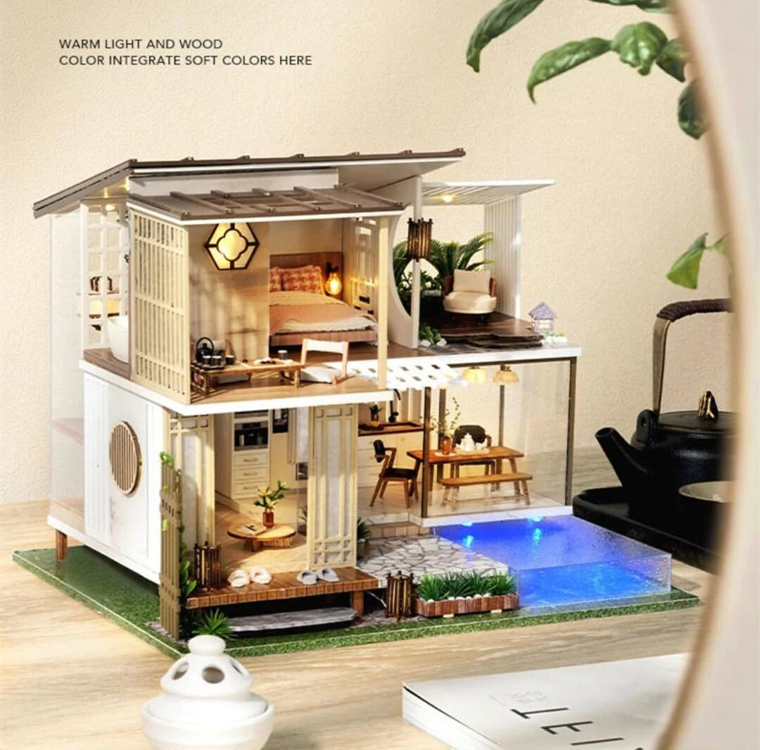 Japanese Style DIY Dollhouse Kit Miniature With Swimming Pool Duplex House Two Story Dollhouse Japanese Villa Style Miniature Dollhouse Kit