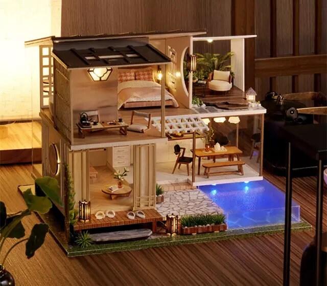 Japanese Style DIY Dollhouse Kit Miniature With Swimming Pool Duplex House Two Story Dollhouse Japanese Villa Style Miniature Dollhouse Kit