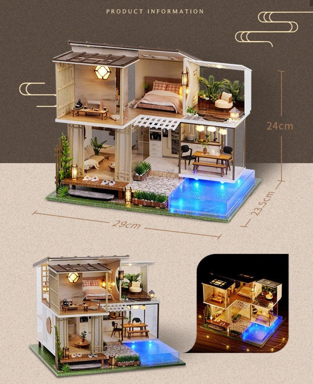 Japanese Style DIY Dollhouse Kit Miniature With Swimming Pool Duplex House Two Story Dollhouse Japanese Villa Style Miniature Dollhouse Kit