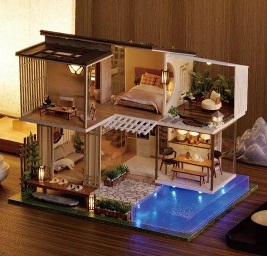 Japanese Style DIY Dollhouse Kit Miniature With Swimming Pool Duplex House Two Story Dollhouse Japanese Villa Style Miniature Dollhouse Kit