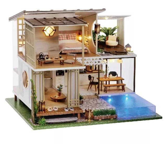 Japanese Style DIY Dollhouse Kit Miniature With Swimming Pool Duplex House Two Story Dollhouse Japanese Villa Style Miniature Dollhouse Kit