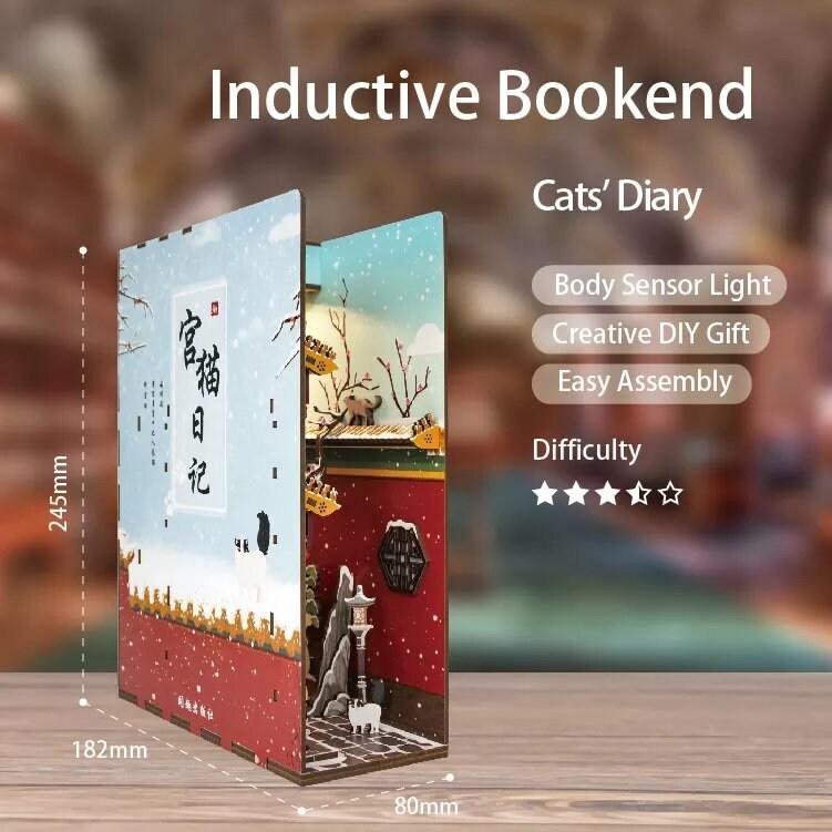 Cats Diary Book Nook - DIY Book Nook Kits Book Doll House Book Shelf Insert Book Scenery Bookends Bookcase with Light Model Building Kit