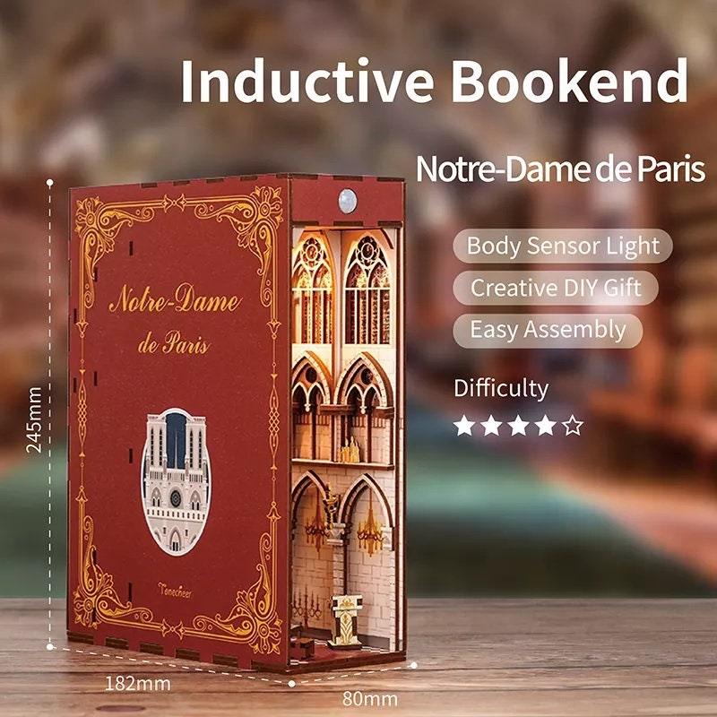 Notre-Dame de Paris Book Nook - DIY Book Nook Kits Cathedral Book Shelf Insert Book Scenery Bookends Bookcase with Light Model Building Kit