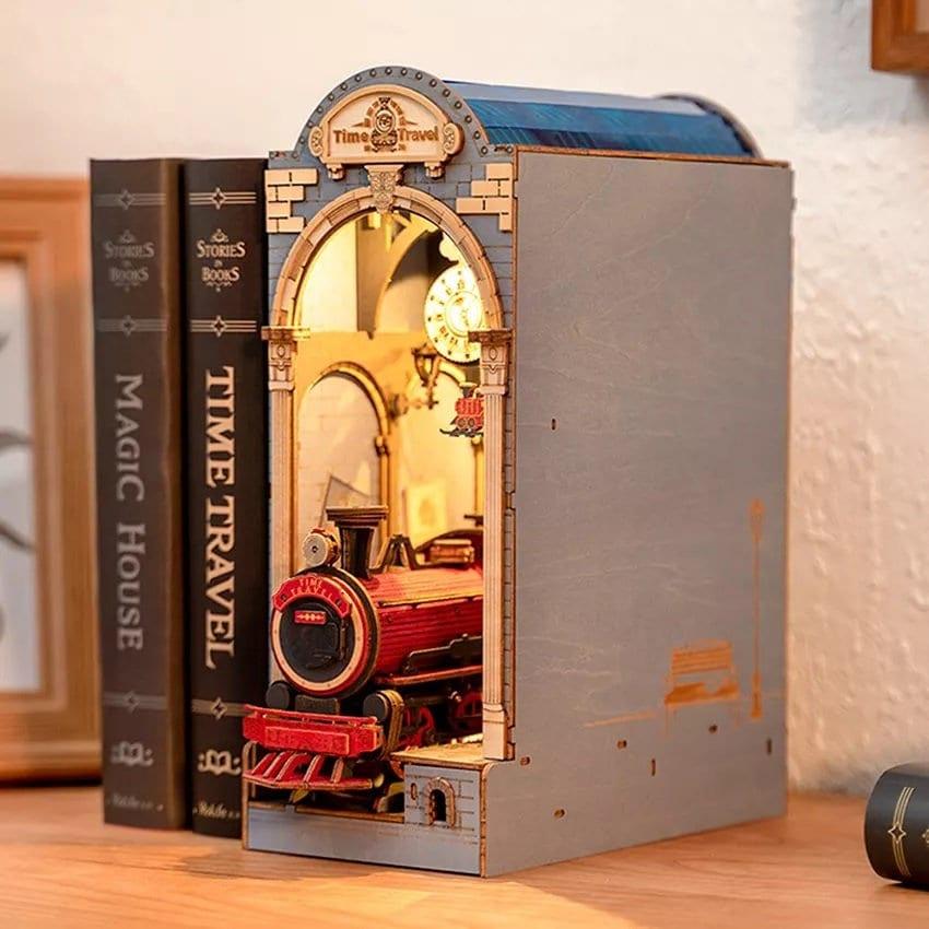 Time Travel Book Nook - DIY Book Nook Kits Book Magic Platform Book Shelf Insert Book Scenery Bookends with Light Model Building Kit