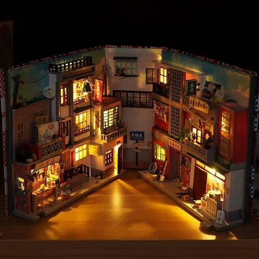 DIY Book Nook Kit Shanghai Old Time Alley Book Nook Chinese Alley Book Scenery Book Shelf Insert Bookcase with Light Miniature Building Kit