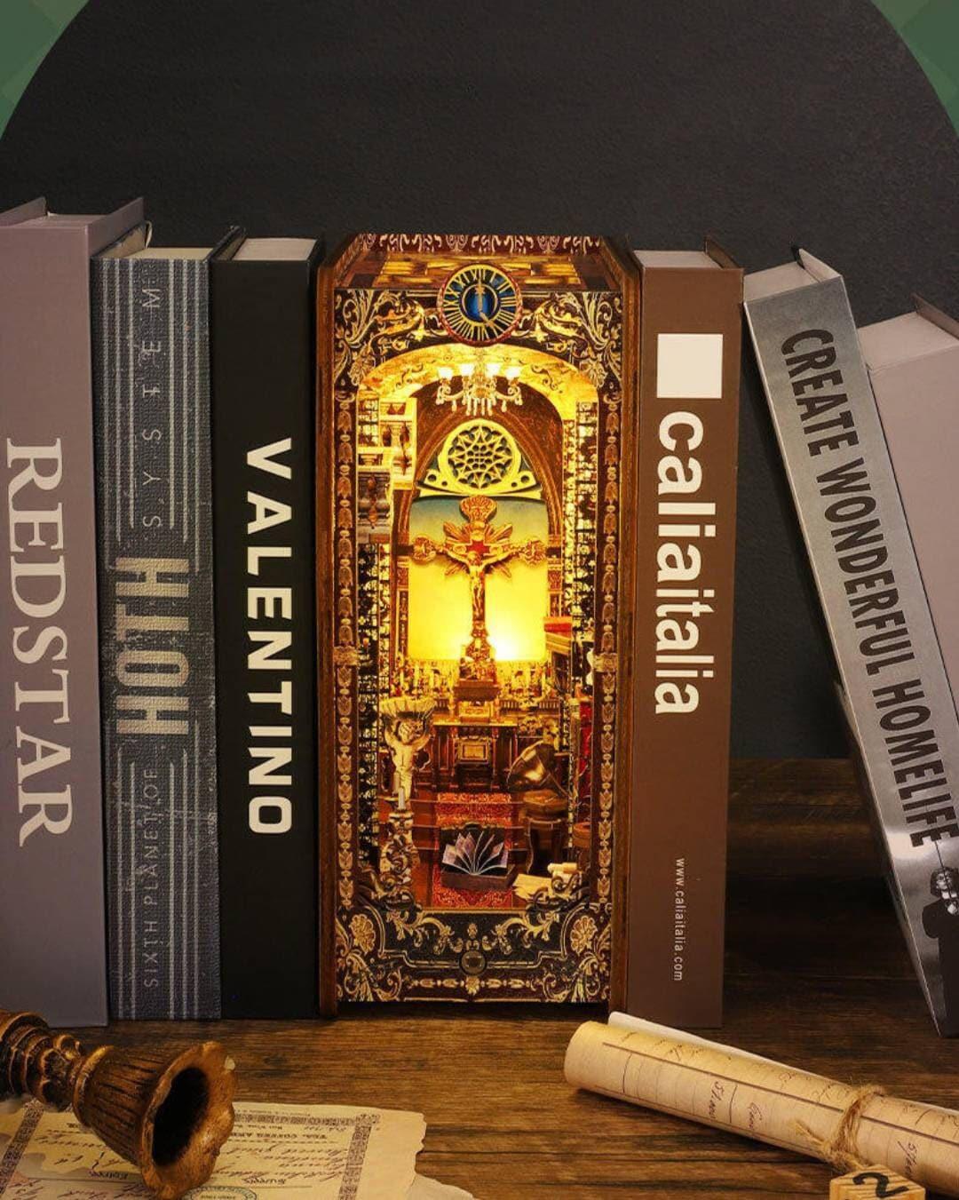 The Cathedral Book Nook - DIY Book Nook Kits Church Book Shelf Insert Book Scenery Bookends Bookcase with Light Model Building Kit