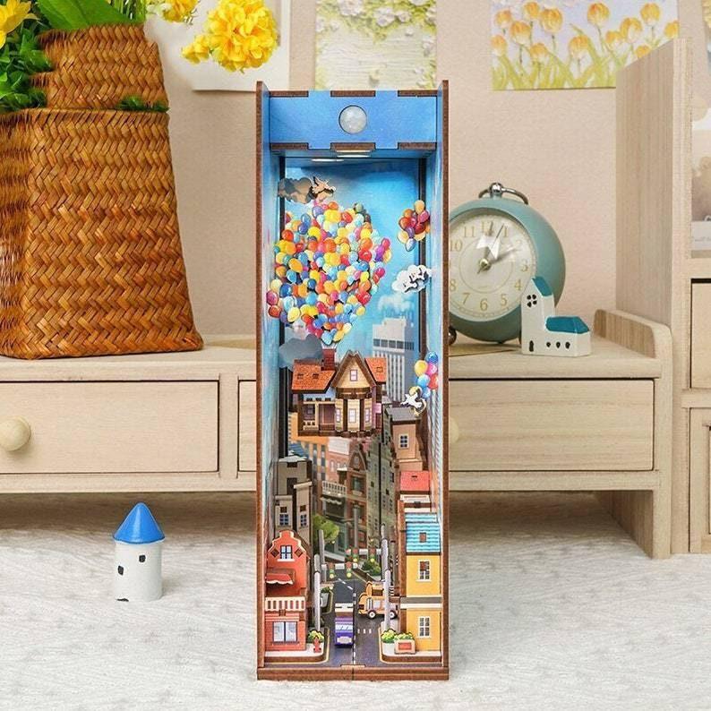 Balloons In The Sky - DIY Book Nook Kits Book Doll House Book Shelf Insert Book Scenery Bookends Bookcase with Light Model Building Kit