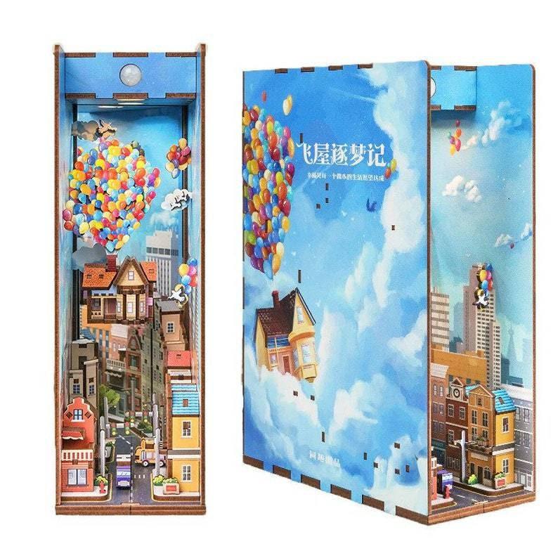 Balloons In The Sky - DIY Book Nook Kits Book Doll House Book Shelf Insert Book Scenery Bookends Bookcase with Light Model Building Kit