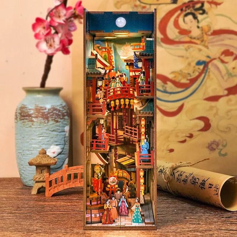 The Banquet of Tang Dynasty Book Nook - DIY Book Nook Kits Book Shelf Insert Book Scenery Bookends Bookcase with Light Model Building Kit