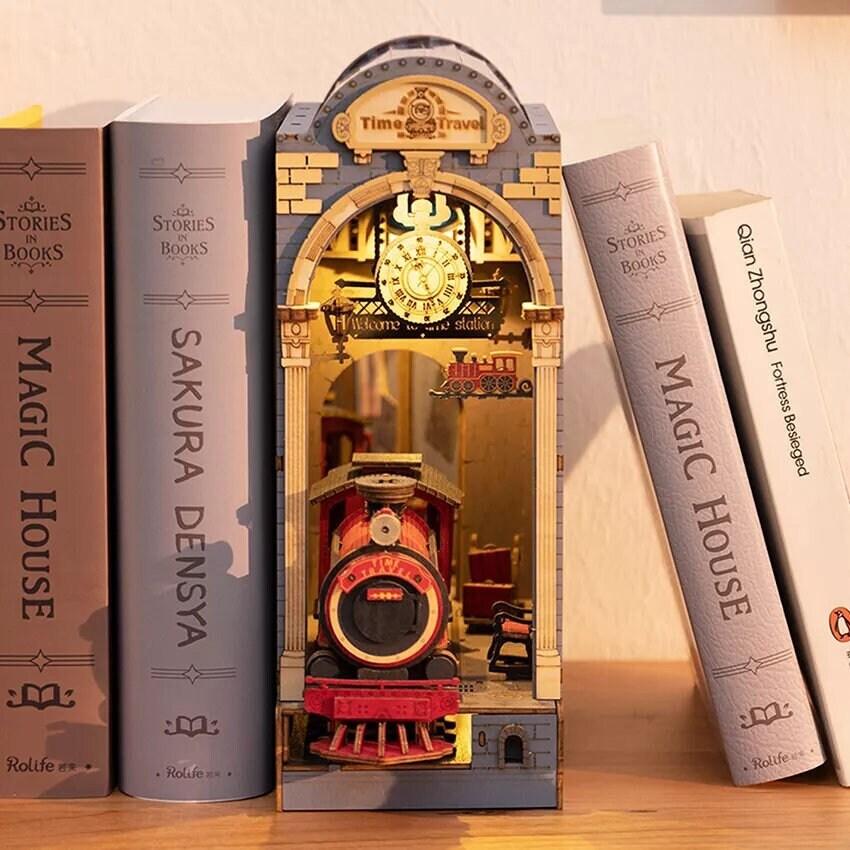 Time Travel Book Nook - DIY Book Nook Kits Book Magic Platform Book Shelf Insert Book Scenery Bookends with Light Model Building Kit