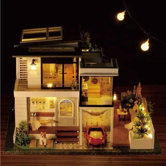 DIY Dollhouse Kit Duplex Bungalow Miniature With Swimming Pool Two Story European Villa Modern Style Miniature Dollhouse Kit Adult Crafts