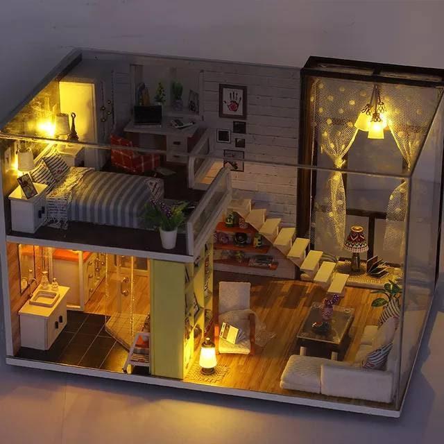 Miniature Dollhouse - DIY Dollhouse Kit - Contracted City Apartment Dollhouse Modern Style Living Room Duplex Miniature Kit Adult Crafts Kit