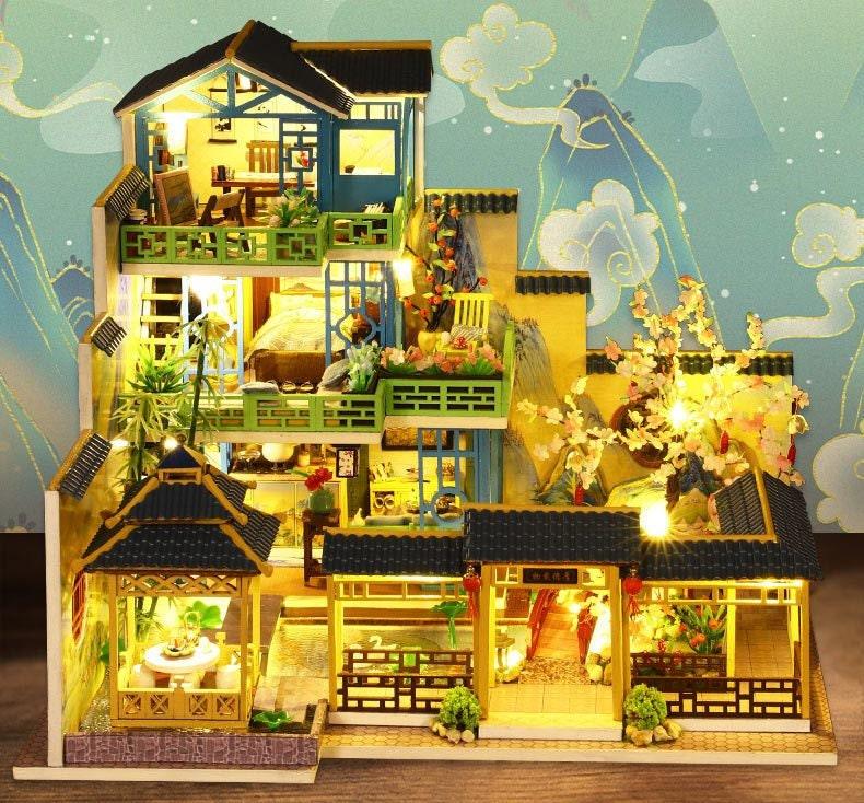 Inherit Design Japanese Villa Miniature Dollhouse DIY Dollhouse Kits Three Story Traditional Villa Dollhouse Japanese Dollhouses DIY Crafts