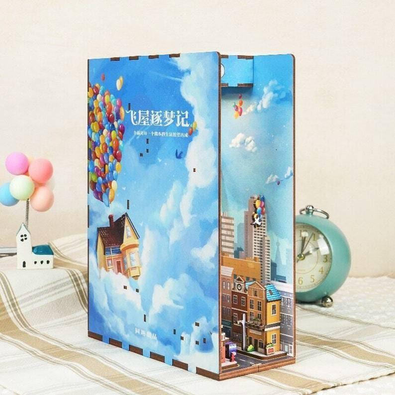 Balloons In The Sky - DIY Book Nook Kits Book Doll House Book Shelf Insert Book Scenery Bookends Bookcase with Light Model Building Kit