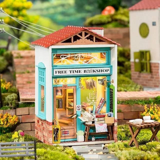 Free Time Bookshop Miniature Dollhouse Bookstore DIY Dollhouse Kits Library Miniature Easy To Assemble Dollhouse For Kids & Adult