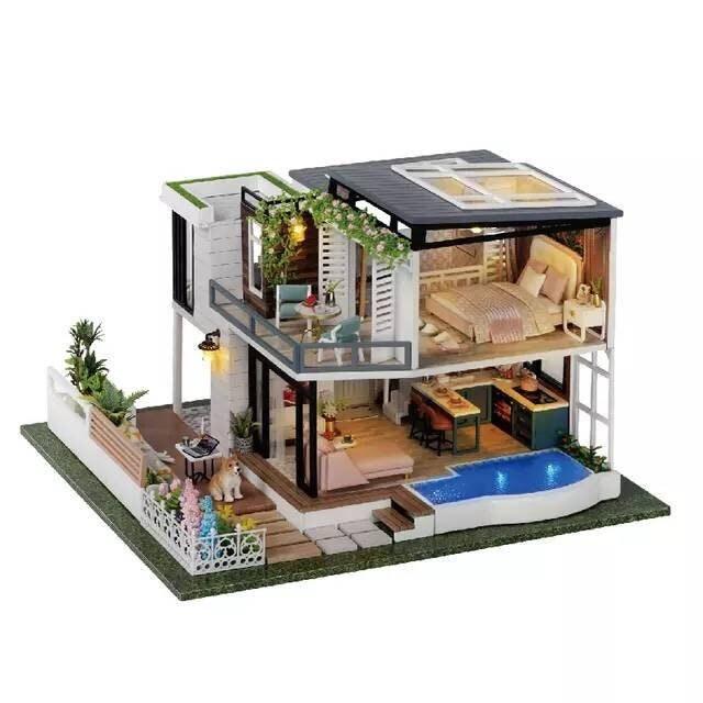 DIY Dollhouse Kit Duplex Bungalow Miniature With Swimming Pool Two Story European Villa Modern Style Miniature Dollhouse Kit Adult Crafts