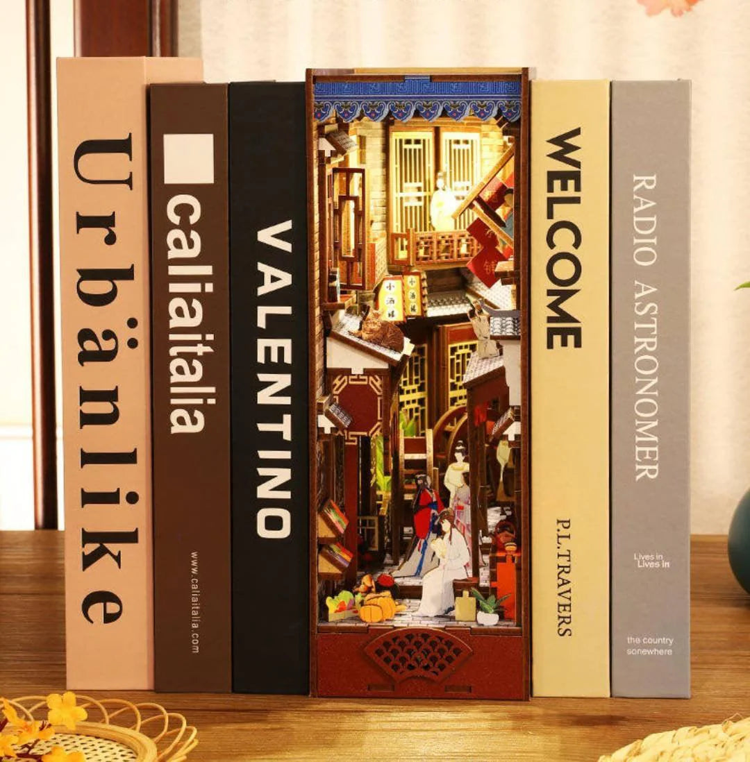 DIY Book Nook Kits - Charming Alley Japanese Street Book Nook - DIY Book Shelf Insert Decorative Bookends Bookcase with LED Building Kit