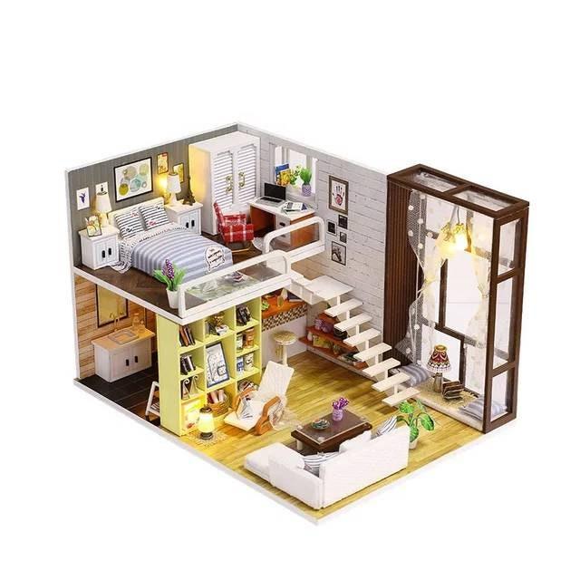 Miniature Dollhouse - DIY Dollhouse Kit - Contracted City Apartment Dollhouse Modern Style Living Room Duplex Miniature Kit Adult Crafts Kit