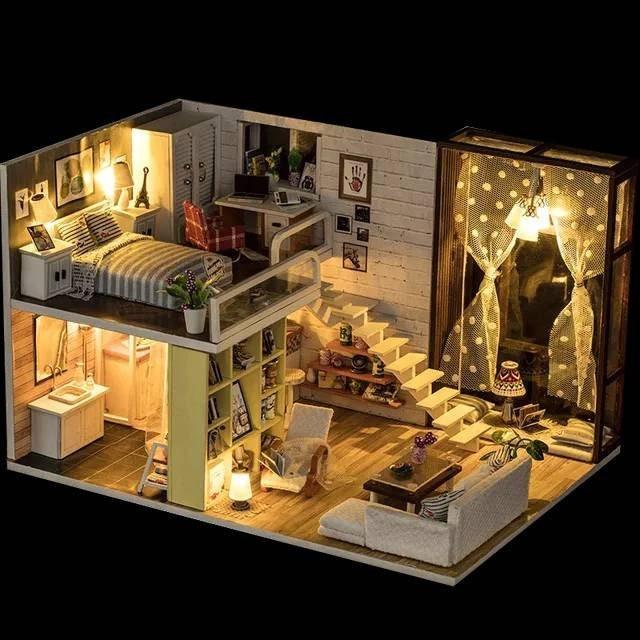 Miniature Dollhouse - DIY Dollhouse Kit - Contracted City Apartment Dollhouse Modern Style Living Room Duplex Miniature Kit Adult Crafts Kit