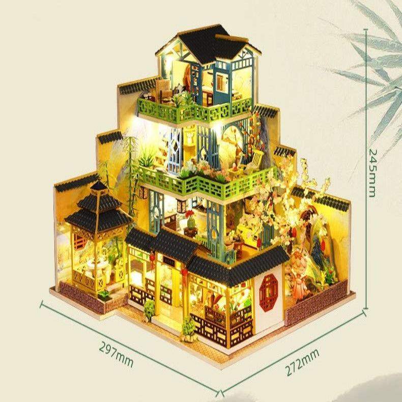 Inherit Design Japanese Villa Miniature Dollhouse DIY Dollhouse Kits Three Story Traditional Villa Dollhouse Japanese Dollhouses DIY Crafts