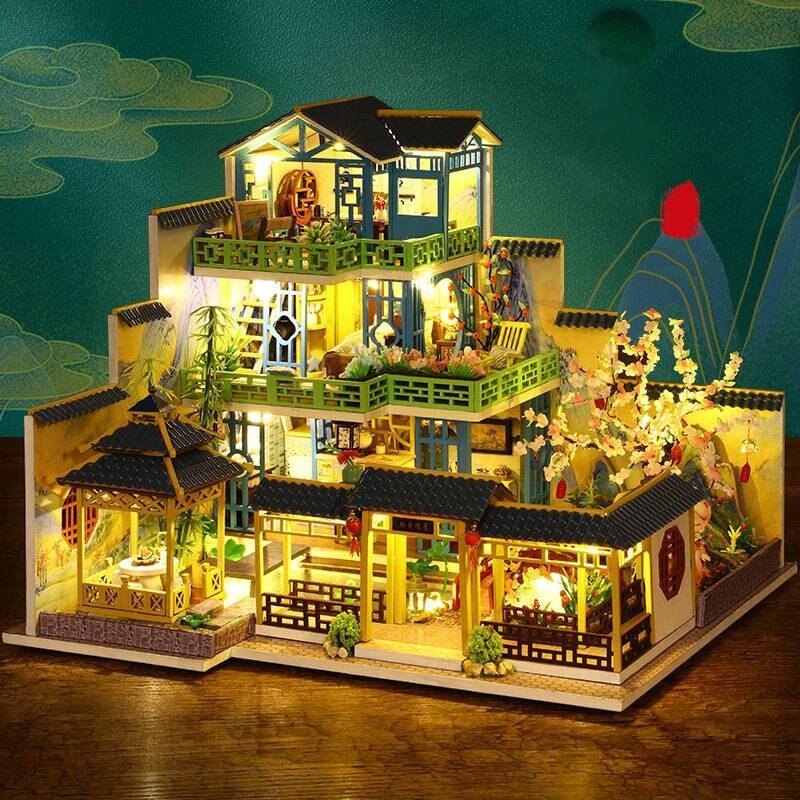 Inherit Design Japanese Villa Miniature Dollhouse DIY Dollhouse Kits Three Story Traditional Villa Dollhouse Japanese Dollhouses DIY Crafts