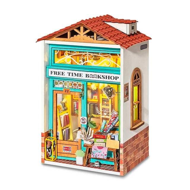 Free Time Bookshop Miniature Dollhouse Bookstore DIY Dollhouse Kits Library Miniature Easy To Assemble Dollhouse For Kids & Adult